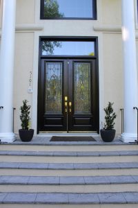Entry Double front custom doors with gold handle